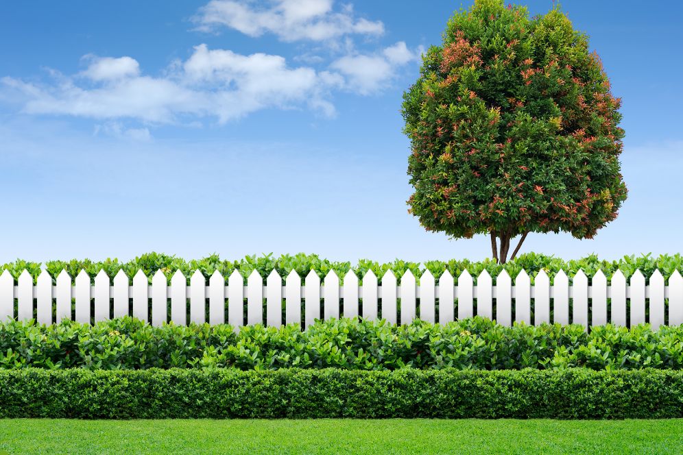 A white picket fence surrounds a tree in the center of a lush green field under a clear blue sky.