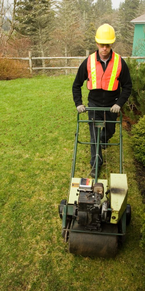 A man wearing a safety vest is mowing a green lawn with a push mower on a sunny day.