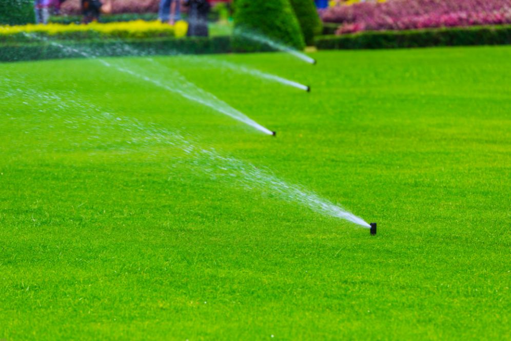 A sprinkler sprays water over a lush green lawn, creating a refreshing scene on a sunny day.