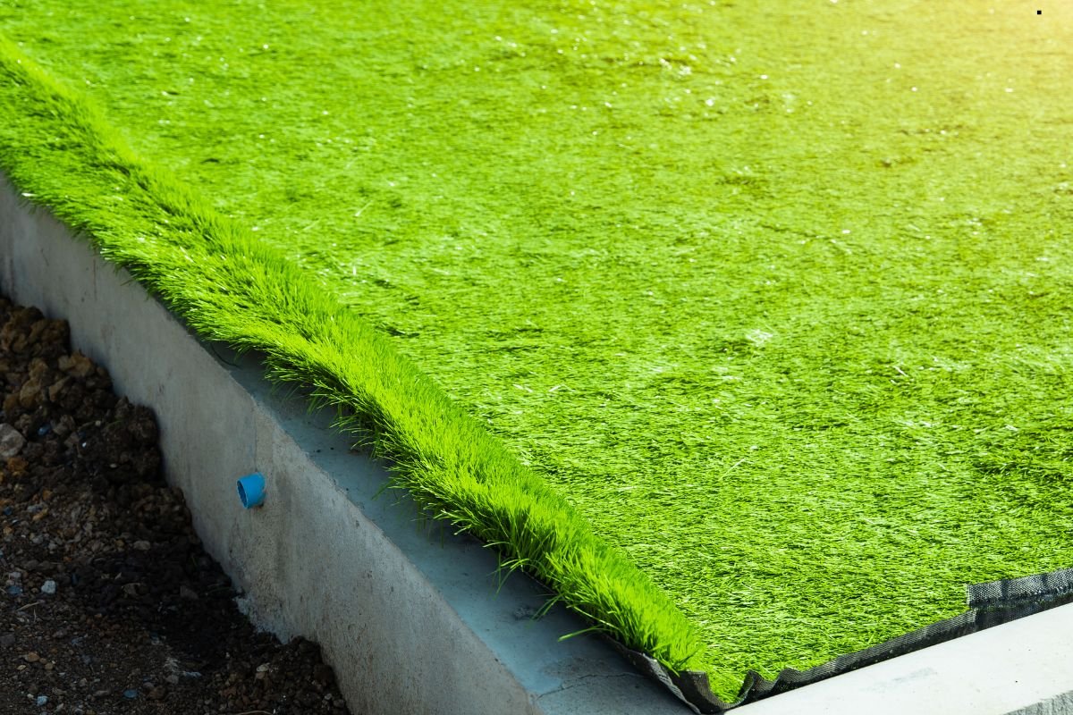 Installation of artificial turf on a concrete wall, showcasing a vibrant green surface against a solid backdrop.